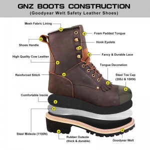 Safety Leather Logger Boots Steel Toe Goodyear Welt Shoes